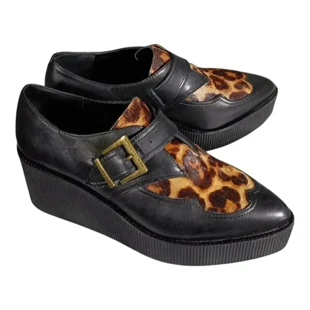 Gianni Bini Black Leather Platform Shoes with Leopard Print